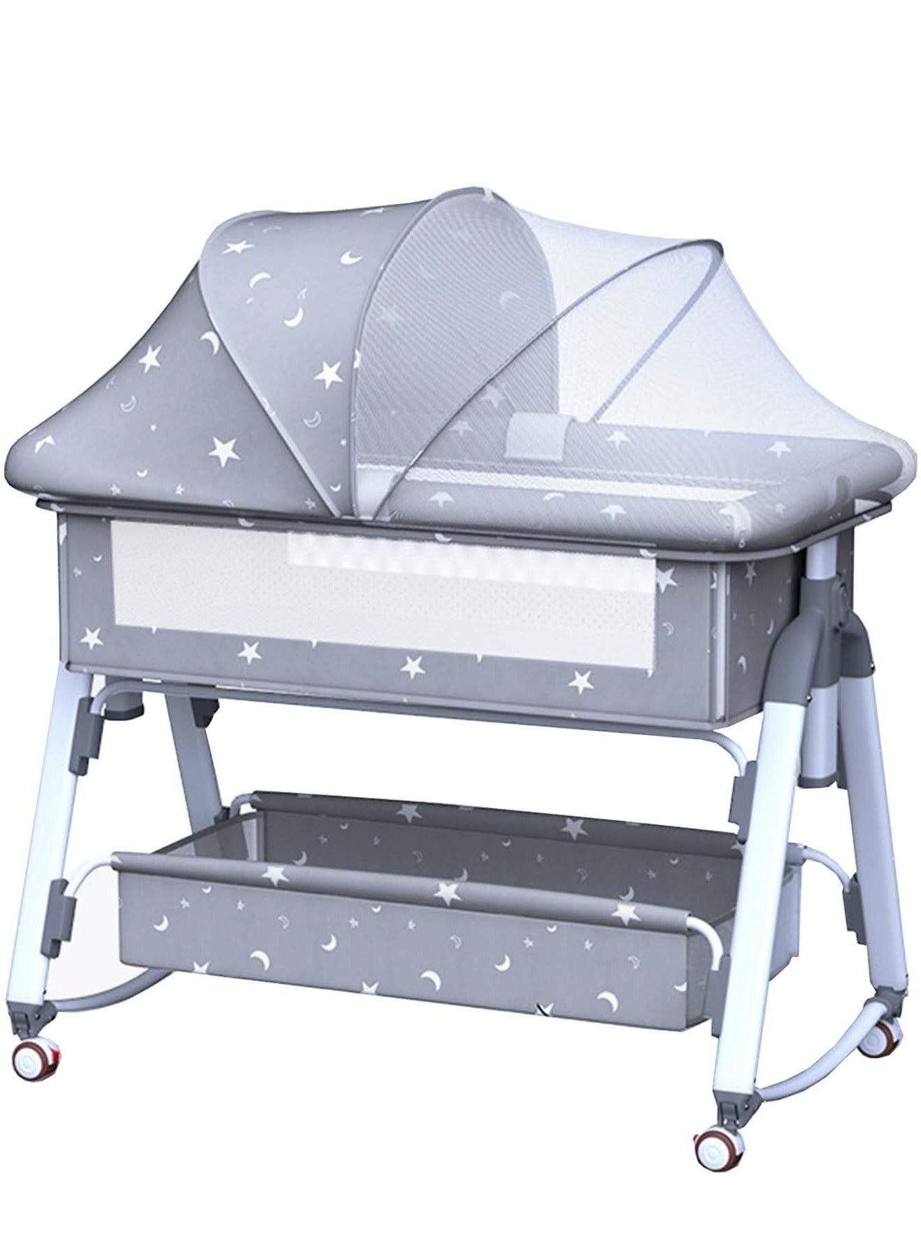 Baby Bedside Crib, Babies Bed with 360° Swivel Wheels, Portable Folding Bassinet for Infant Newborn, Nursery Beds with Mosquito Net, Mat, Basket, Cooler, Diaper Changing Station